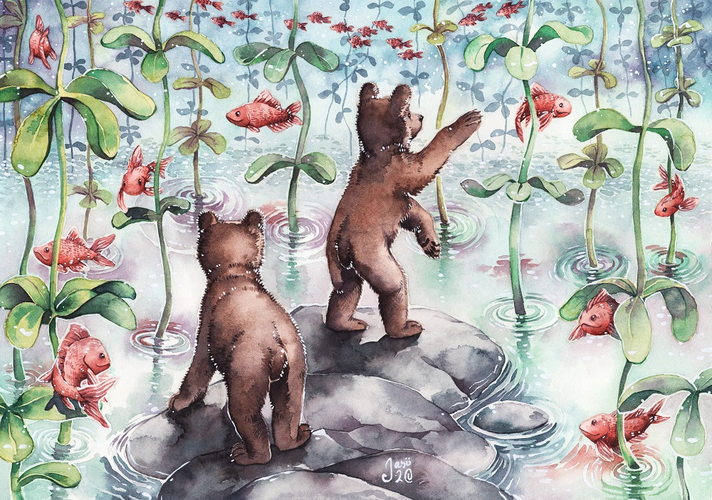 Original Painting - Bear Cubs Catching Fish